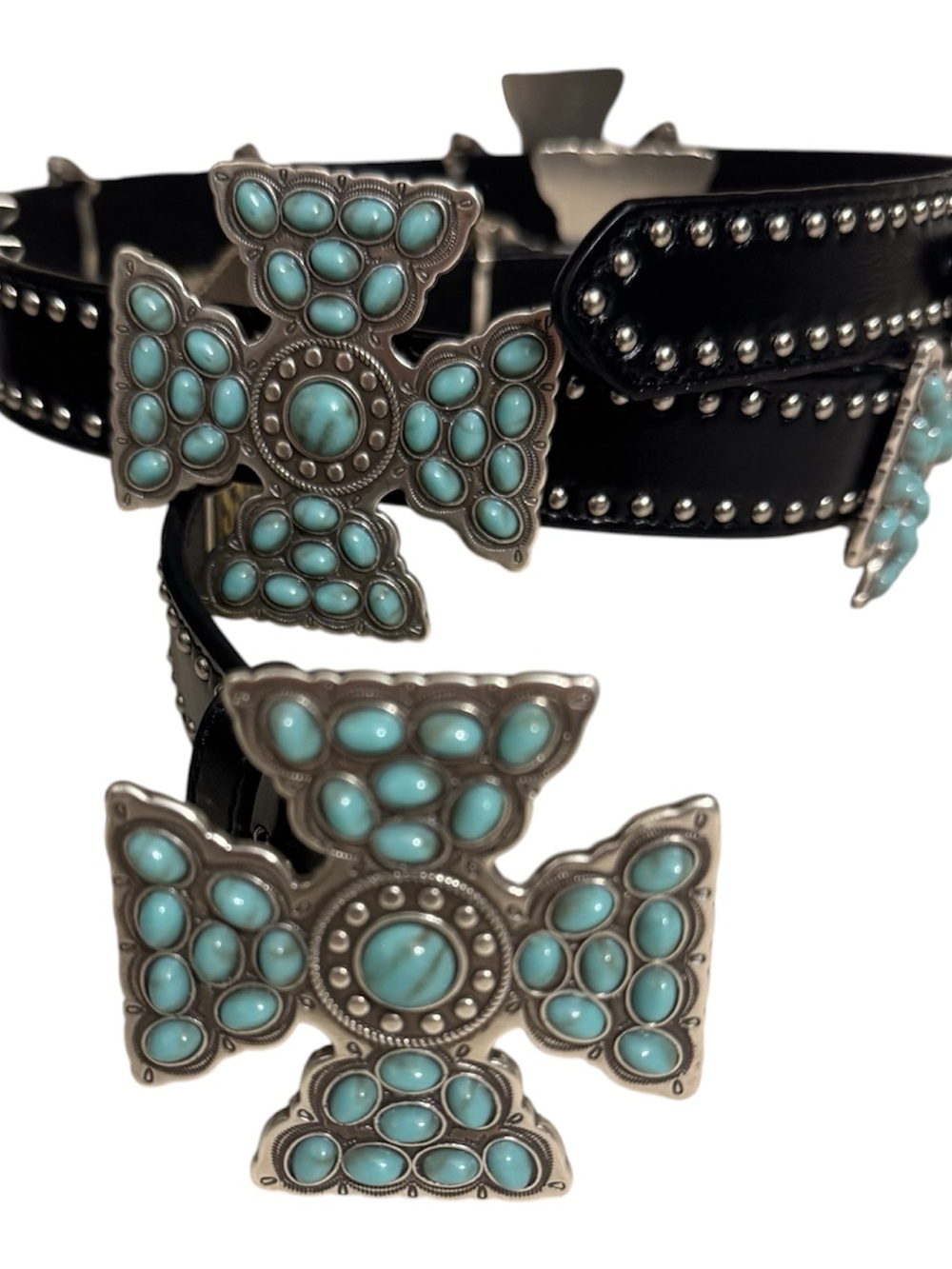 NWT SSM Turquoise Cross Concho Black Leather Belt SZ L-36